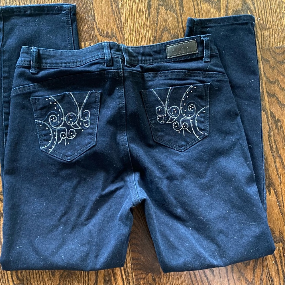 DKIN Jeans Dark Blue Stretch Rhinestone Denim Straight Leg